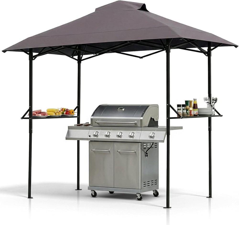 8×5 Pop Up Grill Gazebo BBQ Gazebo with 2 Side Shelves Outdoor Grill Canopy BBQ