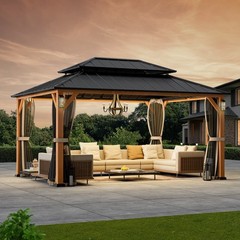 12 x 16 FT Outdoor Hardtop Gazebo Double Roof Wooden Looking w/ 4 LED Lights