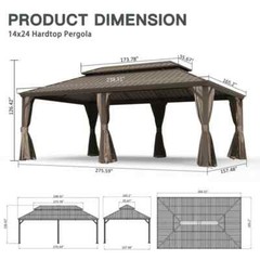 Domi 14x24Ft Hardtop Gazebo Double Roof w/Curtain&Netting,Built-in gutter system
