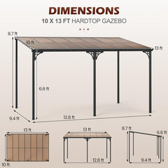 10X13 Ft Lean-To Wall-Mounted Gazebo, Large Hardtop Pergola with Sloped Polycarb