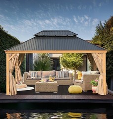 Aoodor 12&rsquo;x 16&prime; Hardtop Gazebo Wooden Grain Coated Aluminum 2-Tier Steel Roof