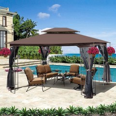 13x10ft Patio Gazebo Double Polycarbonate Roof Canopy with Curtains and Net