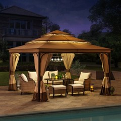 Sunjoy Darien 12 ft. x 12 ft. Steel Gazebo with 3-tier Tan and Brown Canopy