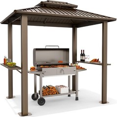 HOTEEL 8x6ft Hardtop Grill Gazebo Outdoor Patio Lawn Canopy with 2 Side Shelves