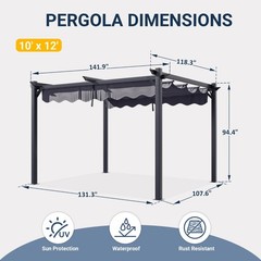 10&rsquo;x12&prime; Black Outdoor Patio Pergola with Retractable Sun Shade Canopy, for Deck