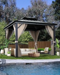 12x12Ft Heavy Duty Hardtop Gazebo Double Metal Roof Aluminum Frame w/Net Curtain