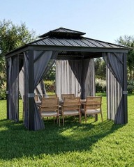 12×12 FT Hardtop Gazebo Steel Frame Double Roof w/ Netting Curtain Outdoor Deck