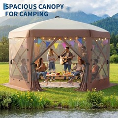 Gazebo Screen Tent 12x12FT 6-Sided Removable Canopy Bite-Proof Mesh Brown