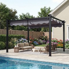 10&rsquo;x12&prime; Black Outdoor Patio Pergola with Retractable Sun Shade Canopy, for Deck