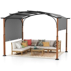 10 x 12 FT Patio Retractable Pergola w/ Retractable Canopy Wood Looking Posts