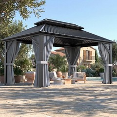 10×14 FT Hardtop Gazebo, Aluminum Frame, Steel Roof, Nettings & Curtains, Gray