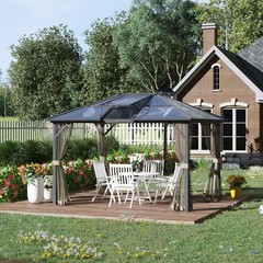 12&prime; x 10&prime; Hardtop Gazebo Aluminum Frame Pergola with Netting and Window, Grey