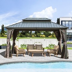 Domi 10’ x 12’ Hardtop Gazebo Outdoor Aluminum Gazebo w/Curtains and Net, Gray