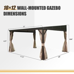 10‘x12’ Hardtop Gazebo Against Wall w/Sloping Steel Roof,Curtains&Netting