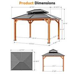 11&prime; x 13&prime; Cedar Wood Framed Hardtop Gazebo with Galvanized Steel Double Roof