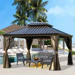 10&prime; x 12&prime; Outdoor Hardtop Gazebo Aluminum Brown Frame w/Sidewalls Double Roof