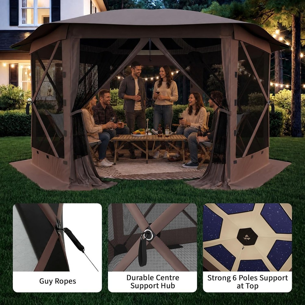 13×13 ft 6 Sided Pop up Gazebo Screen Tent Sun Shelter Camping Canopy Outdoor