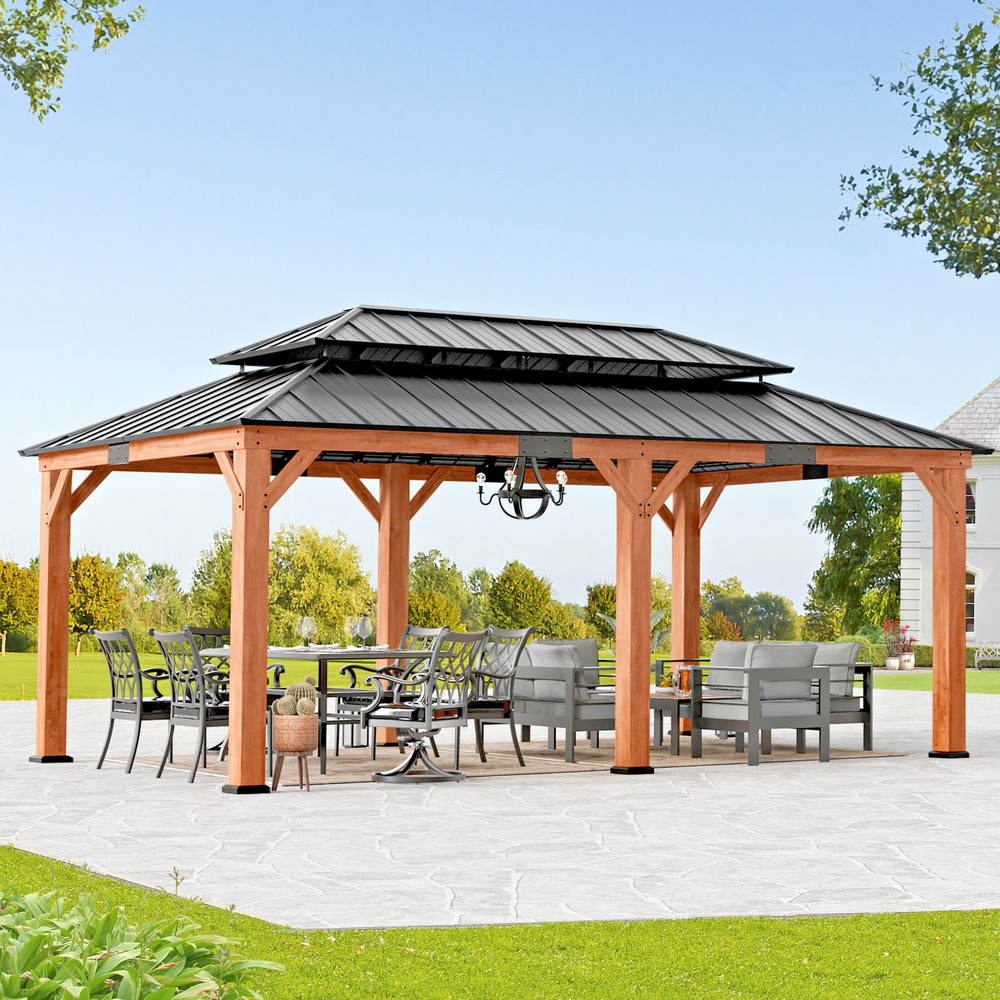 12&rsquo;x20&prime; Cedar Wood Gazebo Wooden Hardtop Gazebos W/ Dual Metal Roof for Backyard