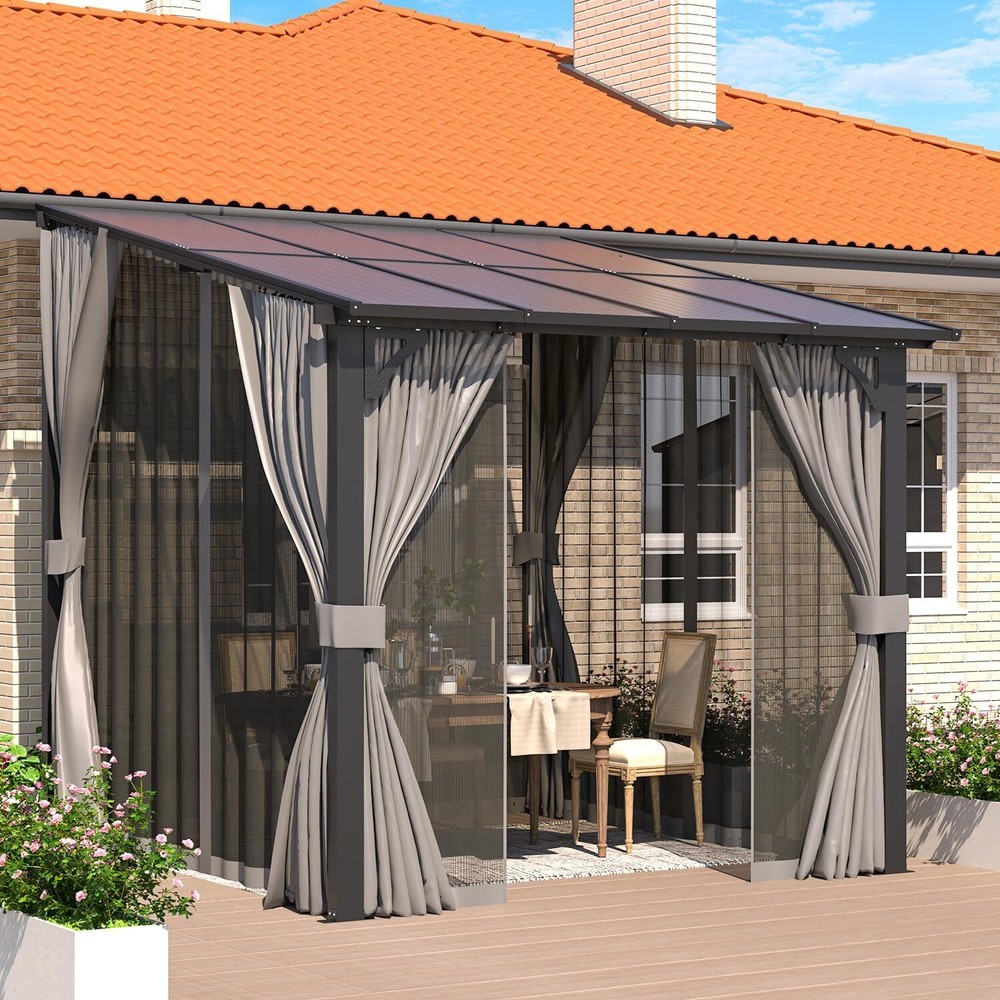 Large Wall-Mounted Lean to Gazebo Pergola with Curtains and Netting 6 Size