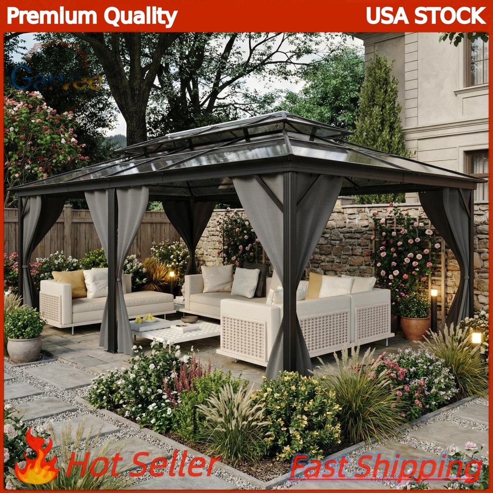 12×20 Gazebo Hardtop with Double Polycarbonate Roof Aluminum Frame Netting Curta