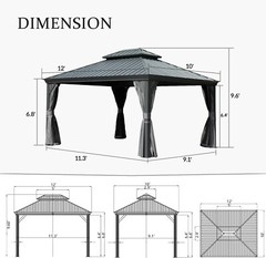 Domi 10x12FT Outdoor Hardtop Gazebo Aluminum Double Roof w/Curtain&Netting,Grey