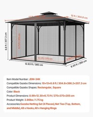Gazebo Netting Replacement, Fit Most 10 x 13 x 6.8 FT Gazebo Curtain, Outdoor…