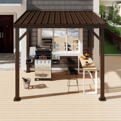 8x5FT Hardtop Wall Mounted Gazebo, Brown Galvanized Steel Roof