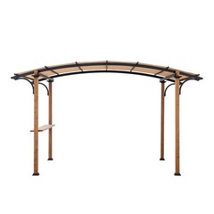 Steel Arched Metal Pergola with Natural Wood Looking Finish and Tan Shade