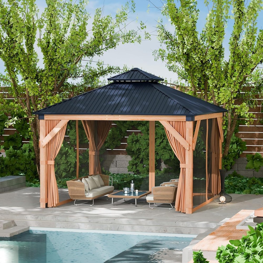 10x10ft Wood Gazebo Double Galvanized Steel Roof for Backyard Patio Garden Lawn