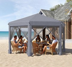 Hexagonal Pop Up Gazebo Tent 12.5×10.8ft Dark Gray with Mesh Walls & Steel Frame