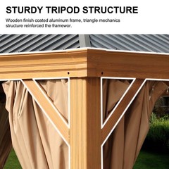 Aoodor 12&rsquo;x 16&prime; Hardtop Gazebo Wooden Grain Coated Aluminum 2-Tier Steel Roof
