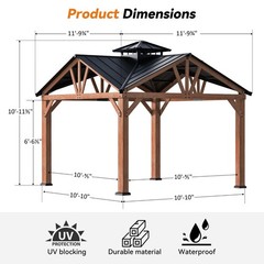 Outdoor 12’ x 12’ Cedar Wooden Gazebo Hardtop Heavy Duty Steel Roof for Deck