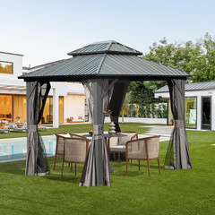 Domi 8&rsquo;x10&prime; Hardtop Gazebo w/Galvanized Steel Double Roof,Curtains&Netting,Grey