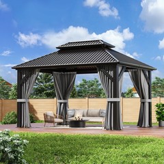 10×12 0utdoor hardtop gazebo with mosquito Nettings,Curtains, Steel Double Roof