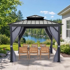 12×12 FT Hardtop Gazebo Steel Frame Double Roof w/ Netting Curtain Outdoor Deck