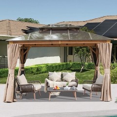 Domi 10x12ft Hardtop Gazebo Double Roof Canopy W/Curtains(imitation Wood Effect)