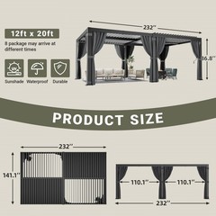 12 x 20 ft Aluminum Outdoor Louvered Pergola With Water-tight Adjustable Roof