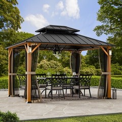 The Horizon Permanent Hardtop Gazebo 10&prime; x 12&prime; w/ 4 LED Lights, Wood-Looking