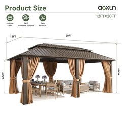 Aoxun 12×20 Hardtop Gazebo Galvanized Steel Roof Outdoor Patio Canopy (Brown)