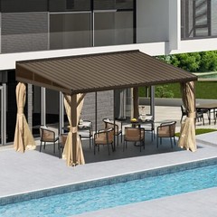Domi 10x14FT Hardtop Gazebo Against Wall w/Sloping Steel Roof,Curtains&Netting