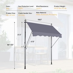 118×47 Ft Outdoor Shelter Angle,Height Adjustable NO Drilling Patio Door Awnings