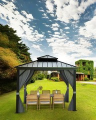 12×12 FT Hardtop Gazebo Steel Frame Double Roof w/ Netting Curtain Outdoor Deck