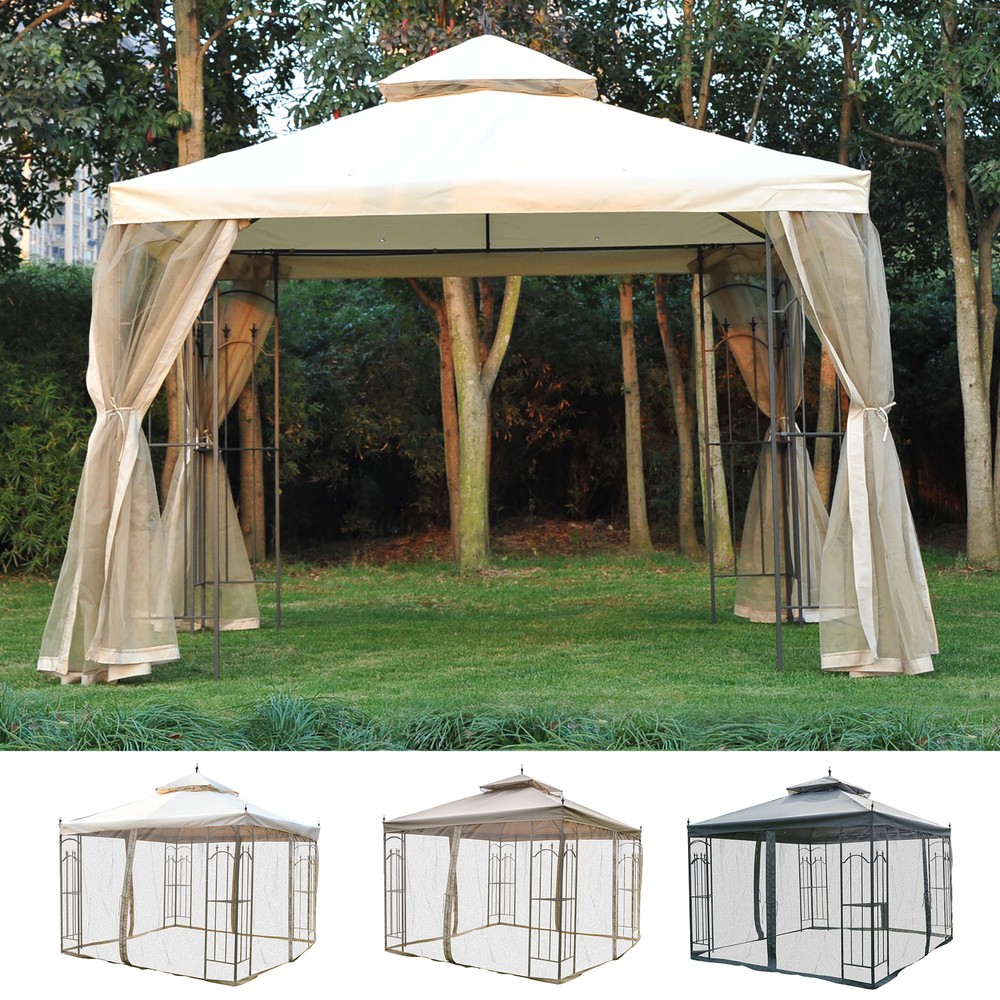 Gazebo 10&prime; x 10&prime; Steel Outdoor Garden Gazebo with Mesh Curtains