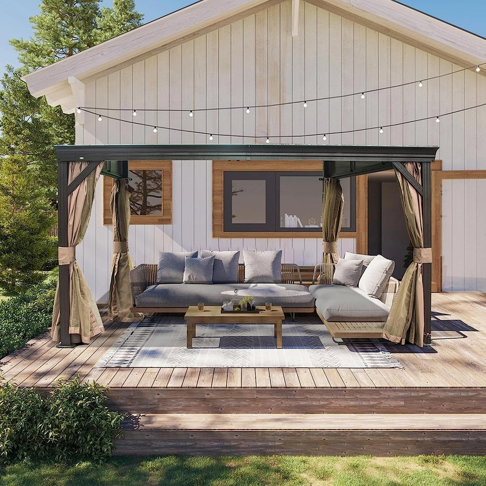 10‘x12’ Hardtop Gazebo Against Wall w/Sloping Steel Roof,Curtains&Netting