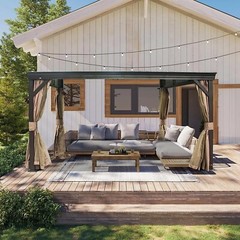 10‘x12’ Hardtop Gazebo Against Wall w/Sloping Steel Roof,Curtains&Netting