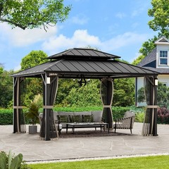 Outdoor Hardtop Gazebo Galvanized Steel Double Roof w/4 LED Lights and Nettings