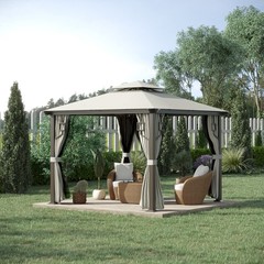 10&prime; Patio Gazebo, Mesh Netting, Curtains, 2-Tier Vented Canopy, Cream White