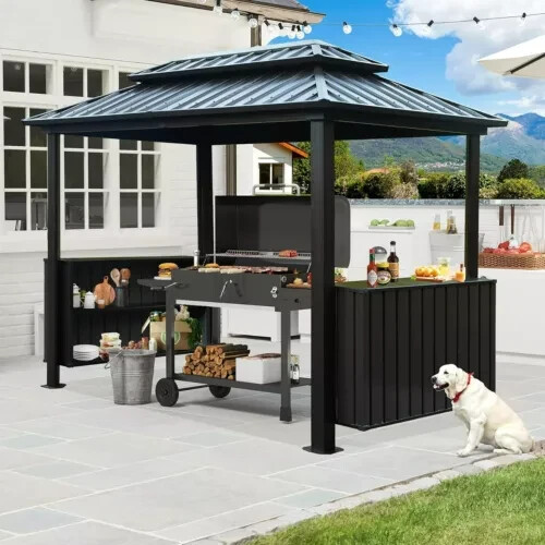 SHPAI 6&rsquo;×10&prime; Outdoor Hardtop Metal Grill Gazebo w/ Double Roof for Patio,Grey