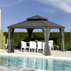 Domi 12x12Ft Hardtop Gazebo Double Roof w/Curtain&Netting,Built-in gutter system