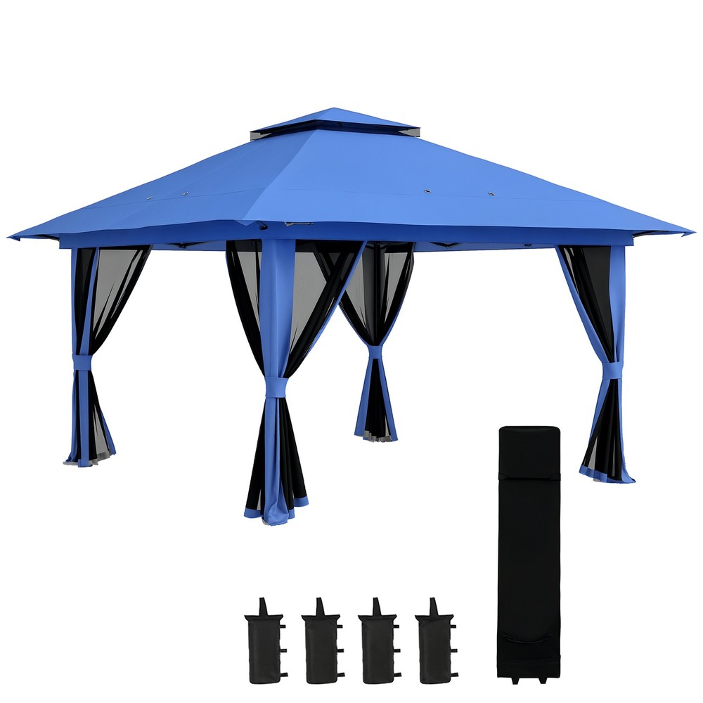 13&prime; x 13&prime; Pop Up Canopy w/ Netting, Weight Bags, Adjustable Height Blue